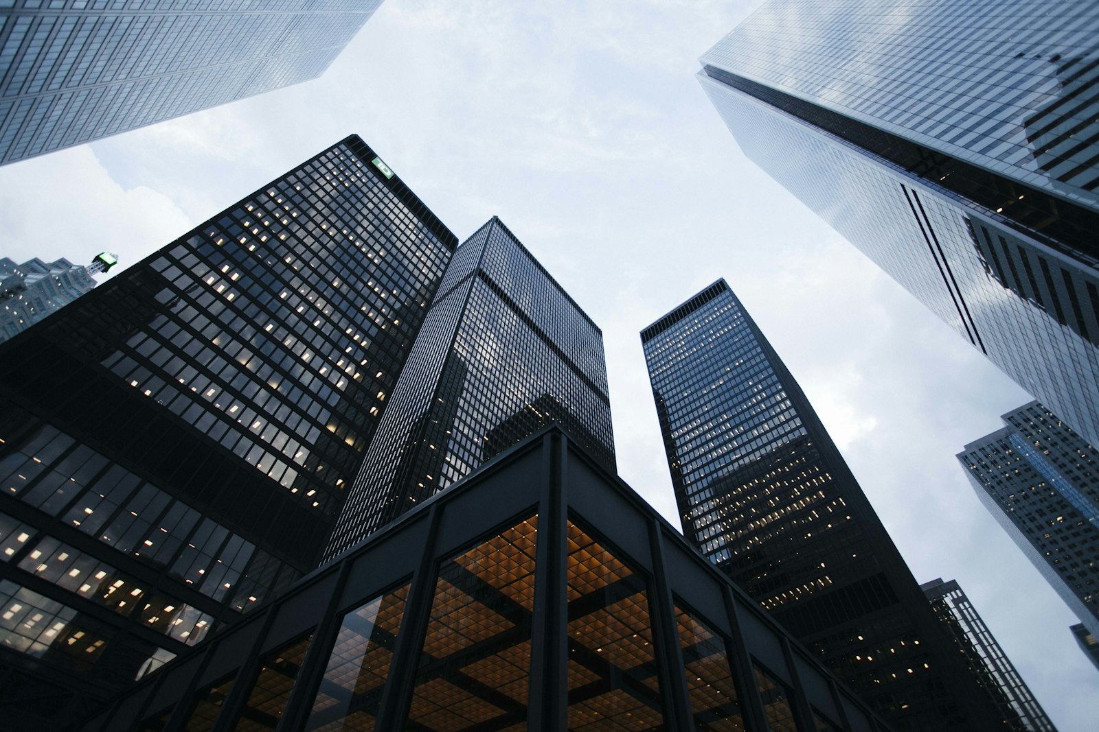 Modern financial-district towers viewed from below