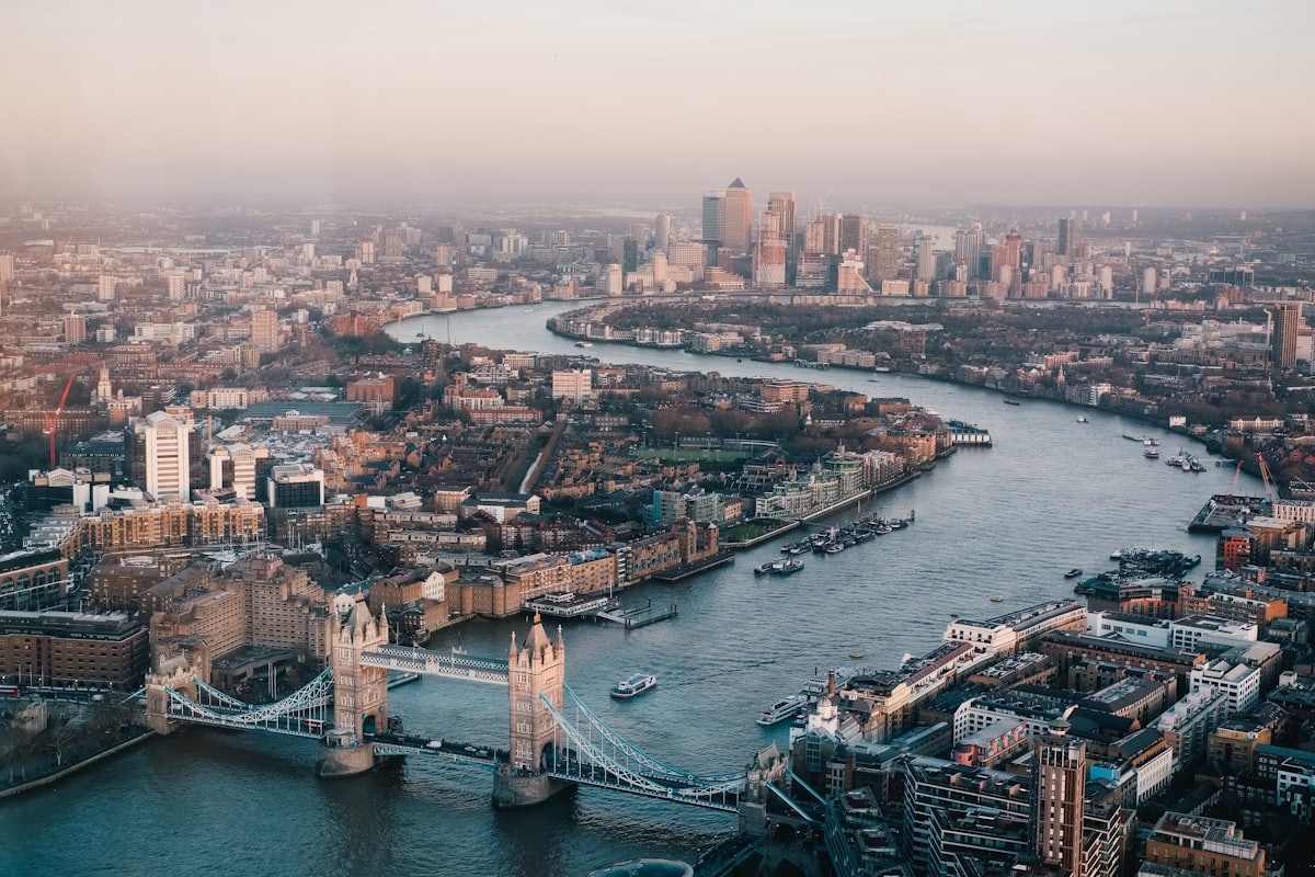 Aerial view of the River Thames and Tower Bridge in London