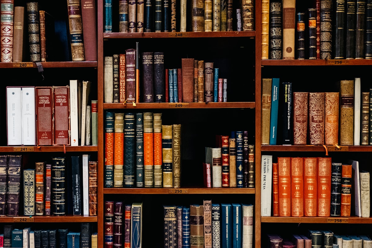 Shelves of bound legal volumes in a law library